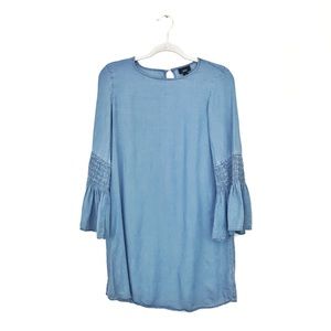 Mossino Chambray Gathered Bell Sleeve Shift Dress